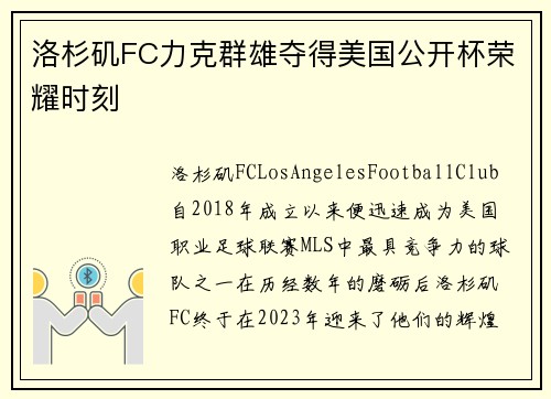 洛杉矶FC力克群雄夺得美国公开杯荣耀时刻 洛杉矶FC力克群雄夺得美国公开杯荣耀时刻